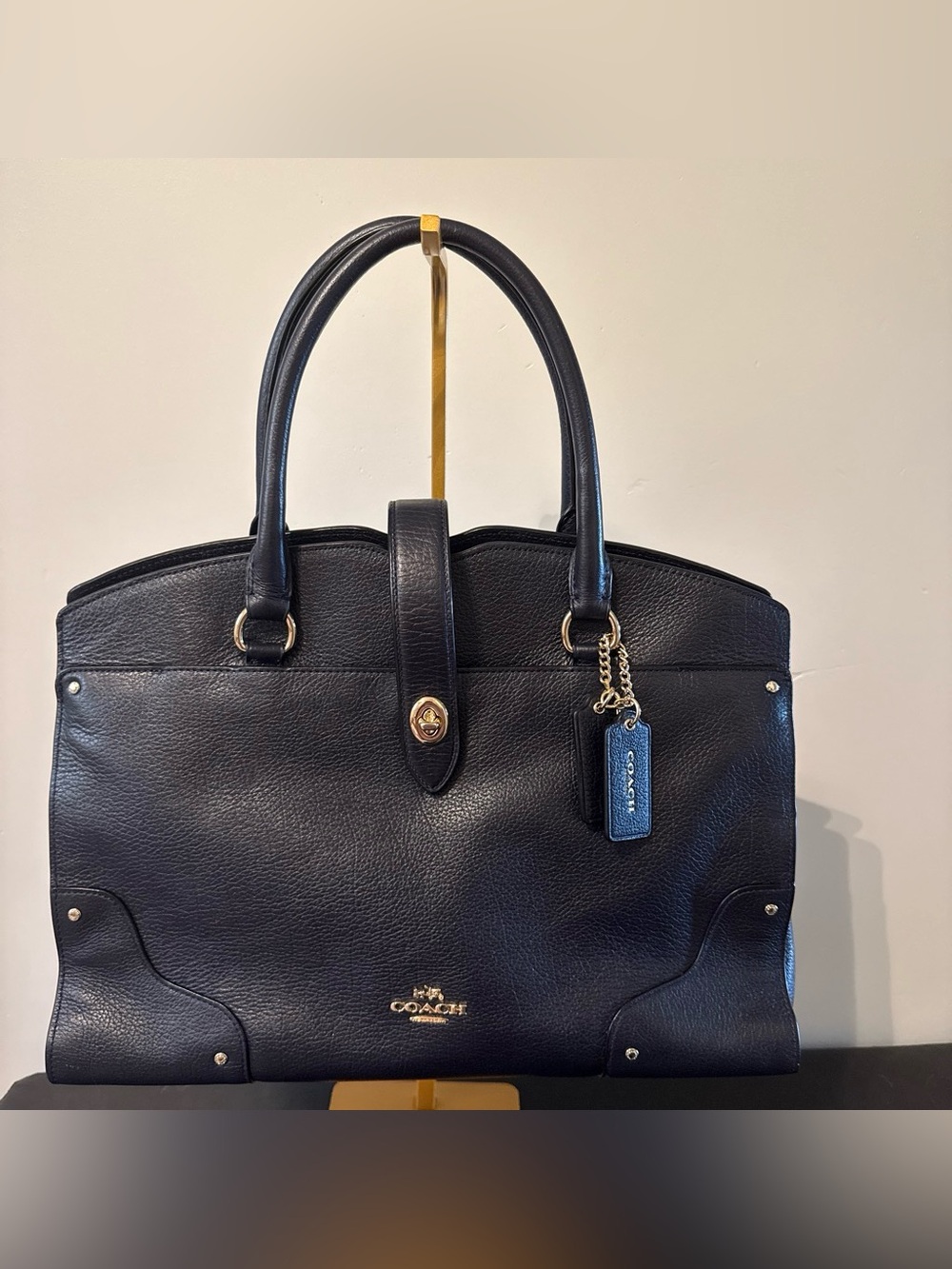 Coach Mercer 30 Navy Leather Satchel with Silver Hardware